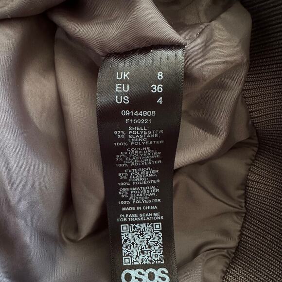 ASOS Design Super Crop Satin Bomber Jacket Ruched Charcoal Brown - Picture 10 of 10